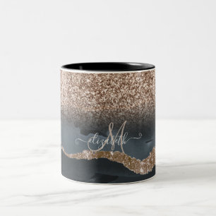 Modern Glitter Marble Monogram Tweekleurige Koffiemok