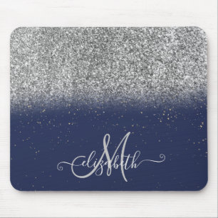 Modern Glitter Ombre Silver Monogram Navy Blue Muismat