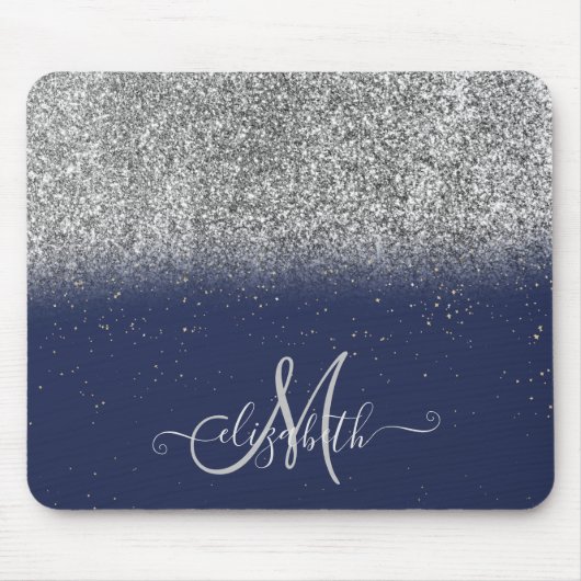 Modern Glitter Ombre Silver Monogram Navy Blue Muismat (Voorkant)