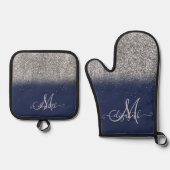 Modern Glitter Ombre Silver Monogram Navy Blue Ovenwant & Pannenlap Set (Voorkant)
