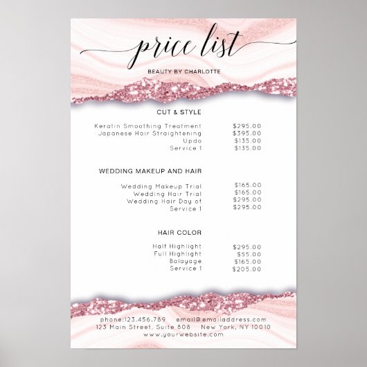 Modern, glitter, roze-wit prijslijst Poster (Voorkant)