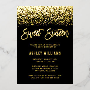 Modern Glitter Sweet 16 Black Gold Folie Uitnodiging