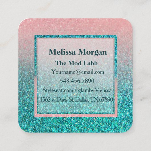 Modern Glitter Turquoise Square Visitekaartje (Achterkant)