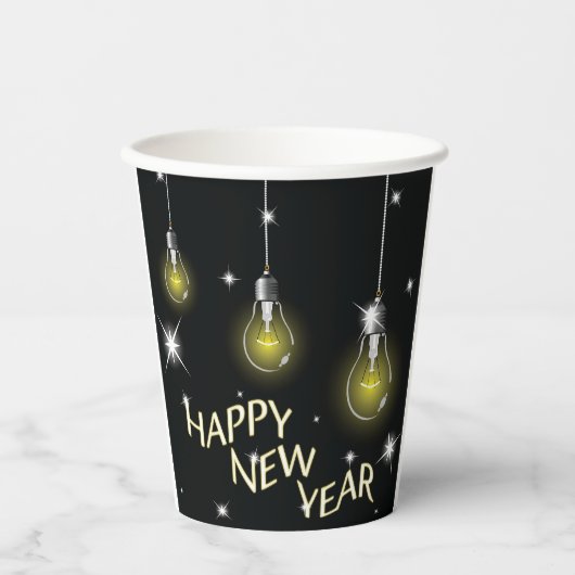 Modern Glowing Light Bulbs Happy New Year Papieren Bekers (Voorkant)