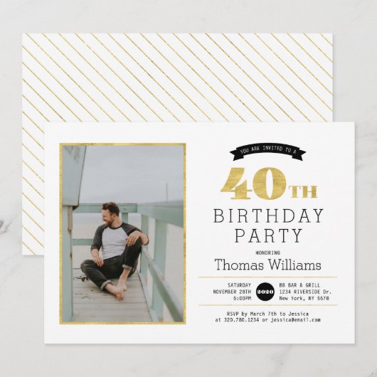 Modern Gold 40e verjaardag Fotouitnodiging Kaart (Voorkant / Achterkant)