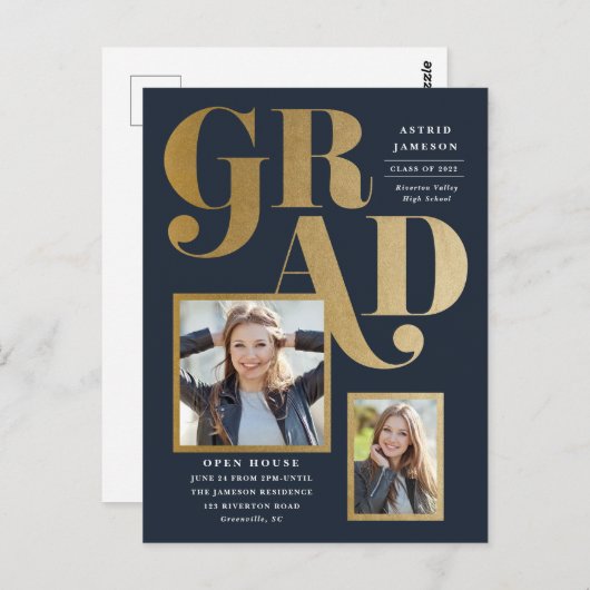 Modern Gold Afstudeerder Photo Afstuderen Invitati Briefkaart (Voorkant / Achterkant)
