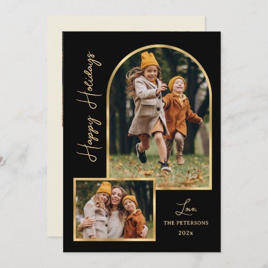 Modern Gold Arch 3 Photo Black Happy Holiday Card Feestdagenkaart (Voorkant / Achterkant)