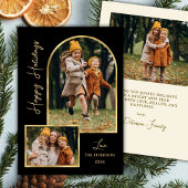 Modern Gold Arch 3 Photo Black Happy Holiday Card Feestdagenkaart