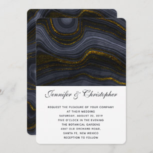 Modern Gold Black Blue-Grey Agate Abstract Wedding Kaart