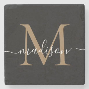 Modern Gold Black Monogram Feminine Script Name Stenen Onderzetter