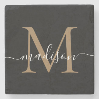 Modern Gold Black Monogram Feminine Script Name Stenen Onderzetter