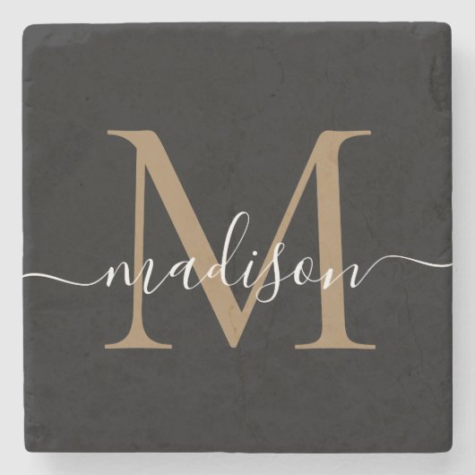 Modern Gold Black Monogram Feminine Script Name Stenen Onderzetter (Voorkant)
