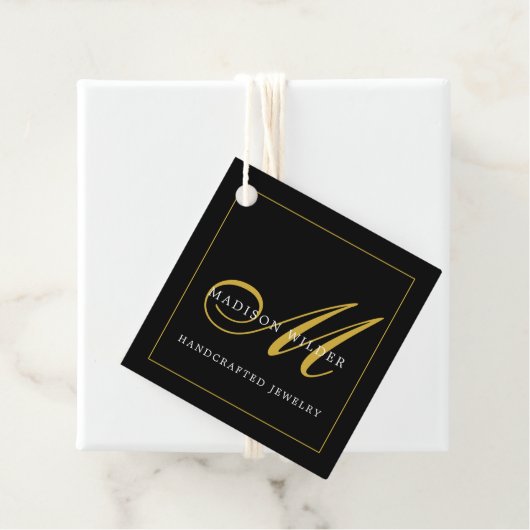 Modern Gold Black Monogrammed Jewelry Designer Bedankjes Labels (In situ)