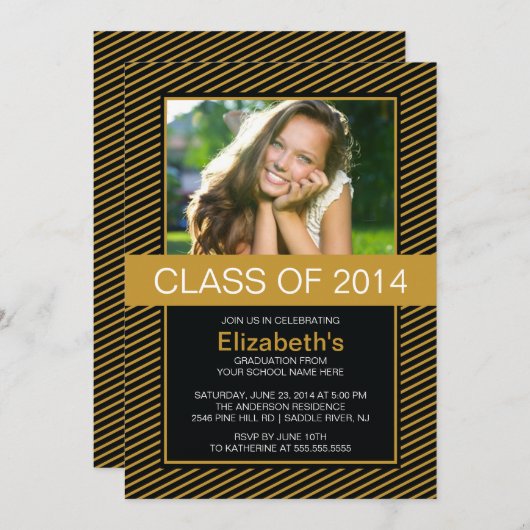 Modern Gold Black Photo Graduation Party nodigt u Kaart (Voorkant / Achterkant)