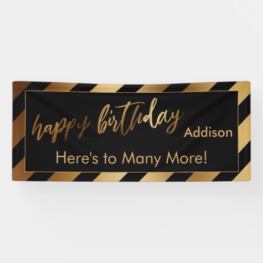 Modern Gold & Black Stripe Happy Birthday Spandoek (Horizontaal)