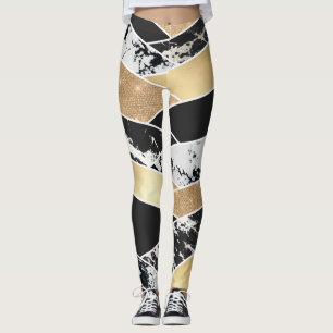 Modern Gold Black White Glitter Marble Geometric Leggings