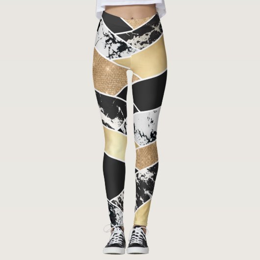Modern Gold Black White Glitter Marble Geometric Leggings (Voorkant)