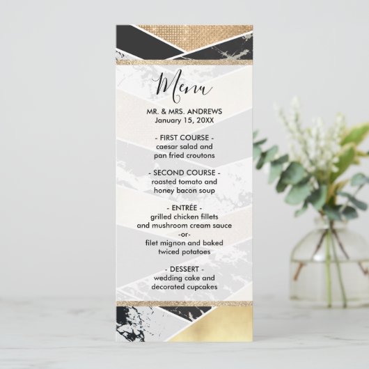 Modern Gold Black White Glitter Marble Geometric Menu (Staand voorkant)