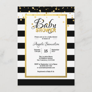 Modern Gold Black White Stripes Baby shower Kaart