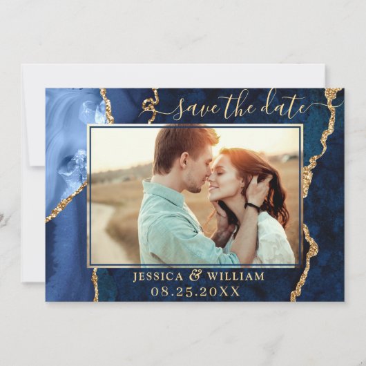 Modern Gold Blue Agate PHOTO Wedding Save the Date (Voorkant)