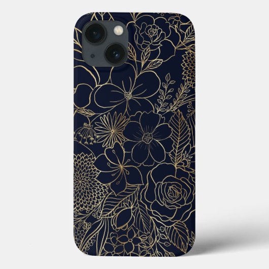 Modern Gold Blue Floral Doodles line art Case-Mate iPhone Case (Achterkant)