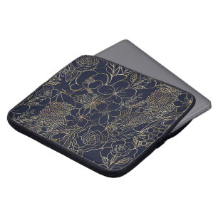 Modern Gold Blue Floral Doodles line art Laptop Sleeve