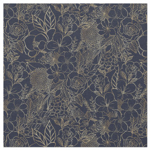 Modern Gold Blue Floral Doodles line art Stof