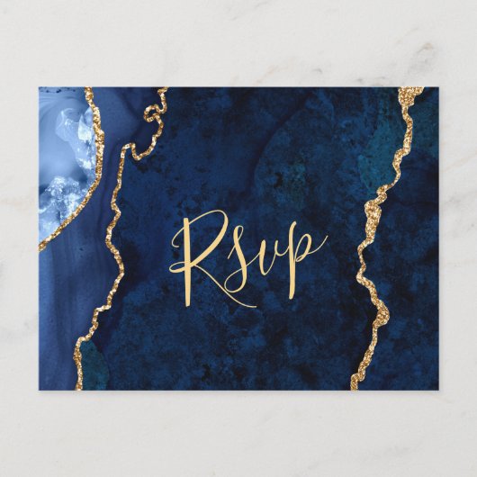 Modern Gold Blue Marble Agate Wedding RSVP Briefkaart (Voorkant)