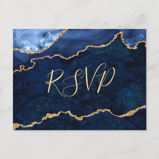 Modern Gold Blue Marble Agate Wedding RSVP Uitnodiging Briefkaart (Voorkant)