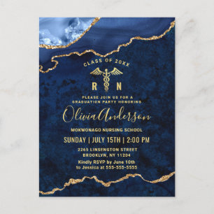 Modern Gold Blue RN Graduation Party Invitation Briefkaart
