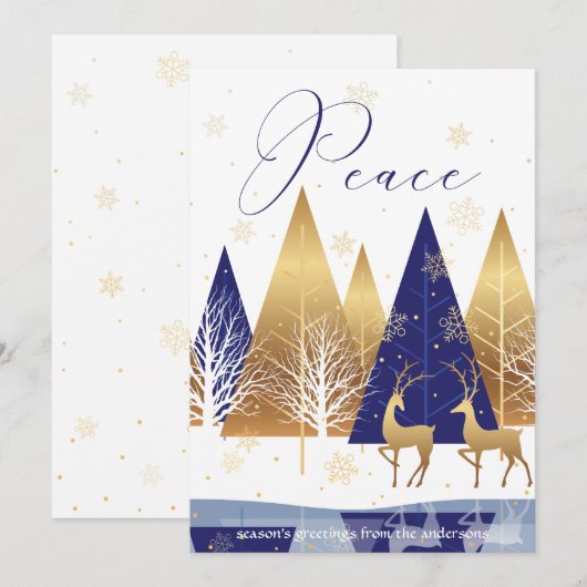 Modern Gold Blue Trees Deer Peace Holiday Greep Kaart (Voorkant / Achterkant)