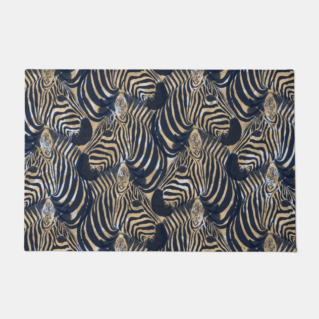 Modern Gold Blue Zebras Print Patroon Deurmat (Voorkant)