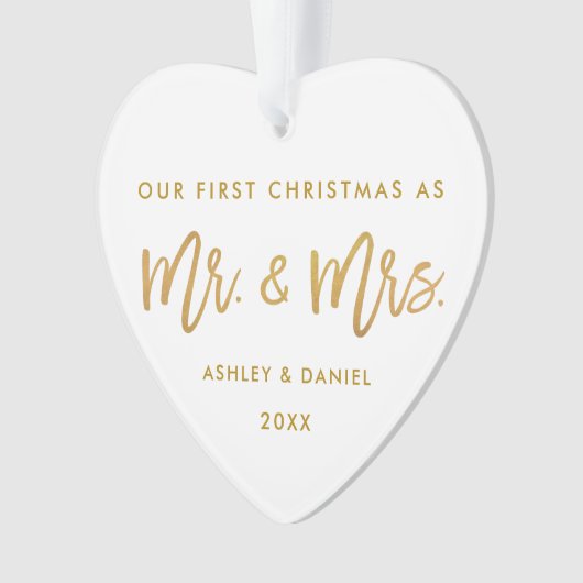 Modern Gold Brush Script First Kerstmis Mr Mrs. Ornament (voorkant)