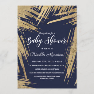 Modern Gold Brushstrokes Navy Blue Baby shower Kaart