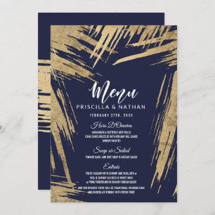 Modern Gold Brushstrokes Navy Blue Wedding Menu Kaart