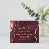 Modern Gold Burgundy Agate Wedding Save the Date Briefkaart (Staand voorkant)