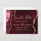 Modern Gold Burgundy Agate Wedding Save the Date Briefkaart (Voorkant / Achterkant)