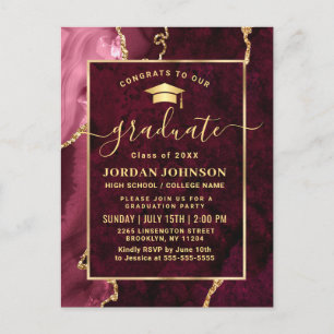 Modern Gold Burgundy Graduation Party Invitation Briefkaart