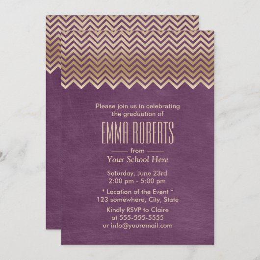Modern Gold Chevron Stripes Paars Afstuderen Kaart (Voorkant / Achterkant)