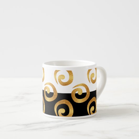 Modern Gold Curls Pattern op Black and White Espresso Kop (Voorkant rechts)