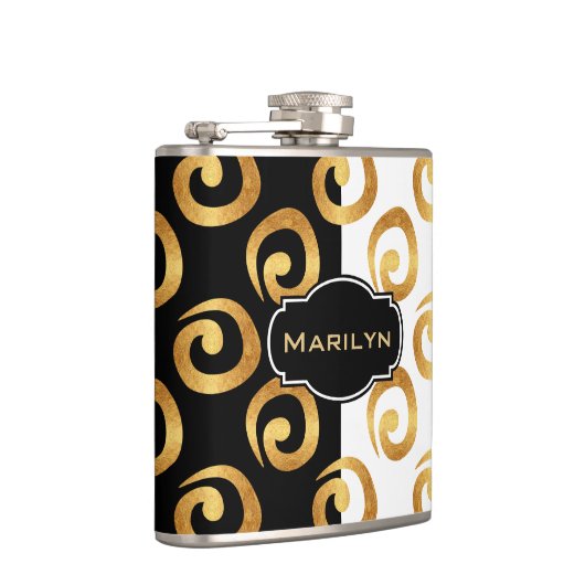 Modern Gold Curls Pattern op Black and White Heupfles (Rechts)