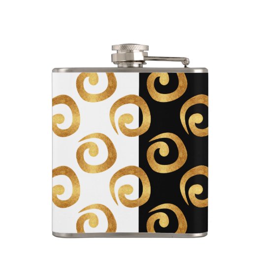 Modern Gold Curls Pattern op Black and White Heupfles (Achterkant)