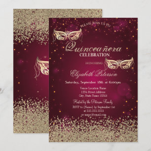 Modern Gold Diamonds Masque Red Quinceañera Kaart