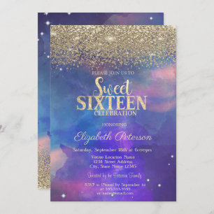 Modern Gold Diamonds Paint Splash Sweet 16 Kaart