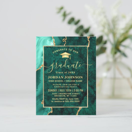 Modern Gold Emerald Graduation Party Invitation Briefkaart (Staand voorkant)
