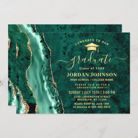 Modern Gold Emerald Green Marble Graduation Party Kaart (Voorkant / Achterkant)
