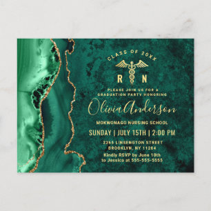 Modern Gold Emerald RN Graduation Party Invitation Briefkaart