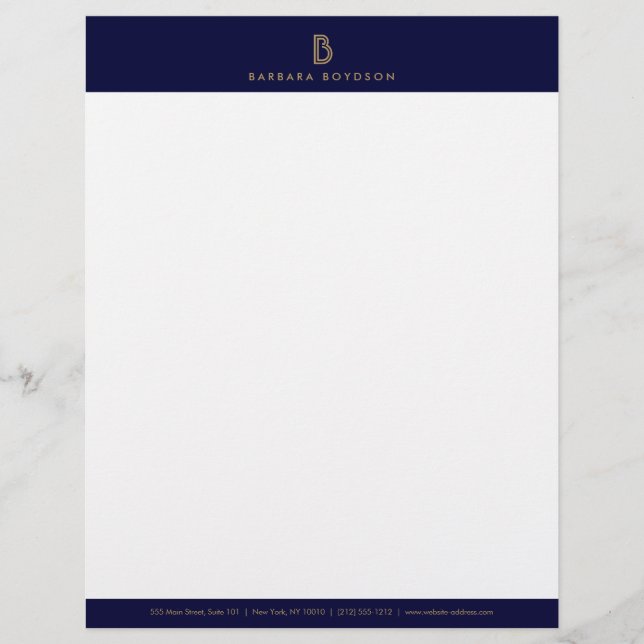 MODERN GOLD en NAVY INITIAAL MONOGRAM LOGO Briefhoofd Ontwerp (Voorkant)