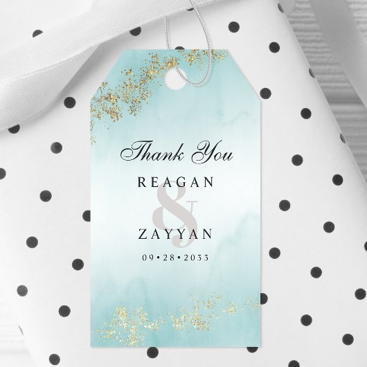 Modern Gold Fleck Blauwgroen Mist Weddenschap Hart Cadeaulabel