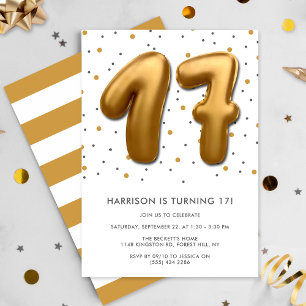 Modern Gold Foil ballon 17th Birthday Kaart